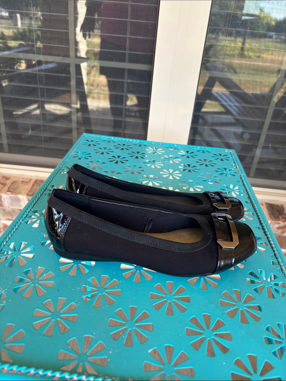 Anne Klein Black Ballet Flats with Glossy Gunmetal Toe Trim